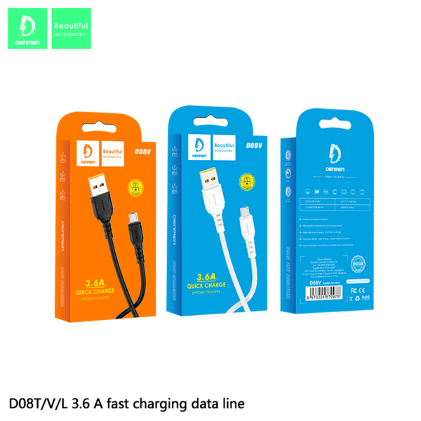 Denmen D08Τ Καλώδιο Φόρτισης Type-C 3.6Α Μαύρο 1m