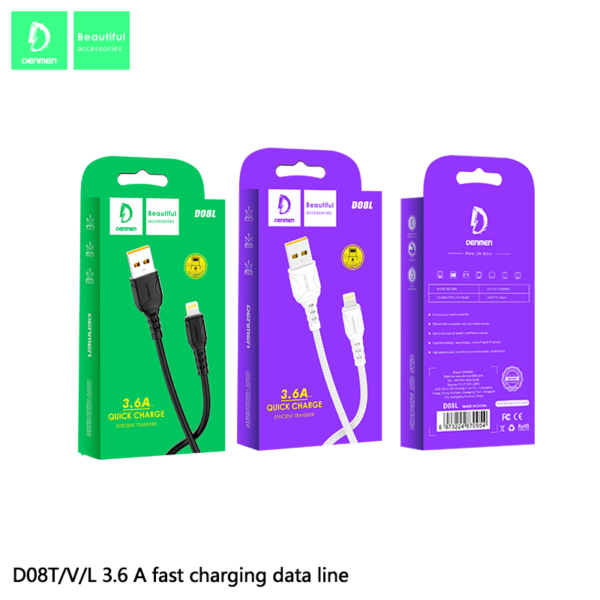 Denmen D08Τ Καλώδιο Φόρτισης Type-C 3.6Α Μαύρο 1m