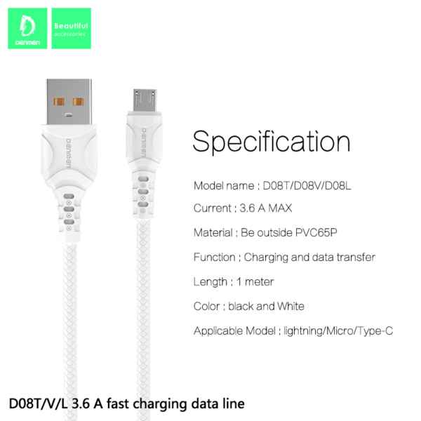 Denmen D08L Καλώδιο Φόρτισης Lightning 3.6Α Λευκό 1m