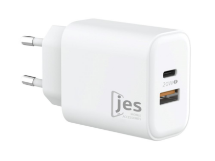 AT2025_1000x1000 JES Φορτιστής Ταξιδίου 20W με 2 θύρες A+C Λευκός ΑΤ2025