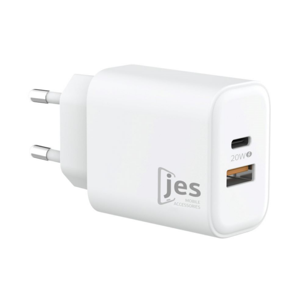 AT2025_1000x1000 JES Φορτιστής Ταξιδίου 20W με 2 θύρες A+C Λευκός ΑΤ2025