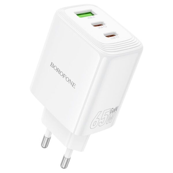 BN32 01 BOROFONE Φορτιστής Ταξιδίου 65W με 2 θύρες USB-C + 1 θύρα USB-A GaN QC4.0 BN32 Λευκός