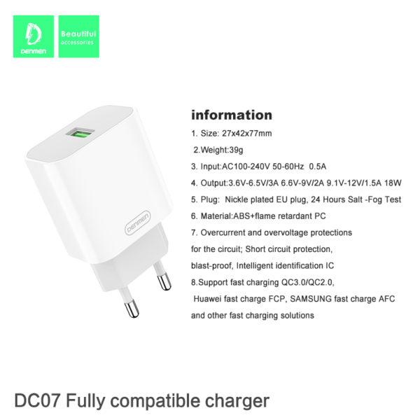 Denmen DC07 Φορτιστής 3.6A 1 θύρα USB Λευκό EU