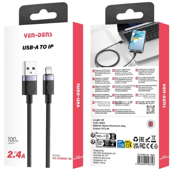 VEN-DENS Καλώδιο Φόρτισης Lightning DCM02 Nylon+Allum 2.4A 1m Μαύρο