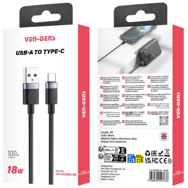 DCM03-Package VEN-DENS Καλώδιο Φόρτισης Type-C DCM03 Nylon+Allum 18W 1m Μαύρο