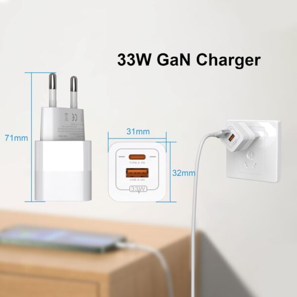 IET33-1000_2 JES IET33AC Φορτιστής Ταξιδίου GaN 33W QC+PD Λευκός