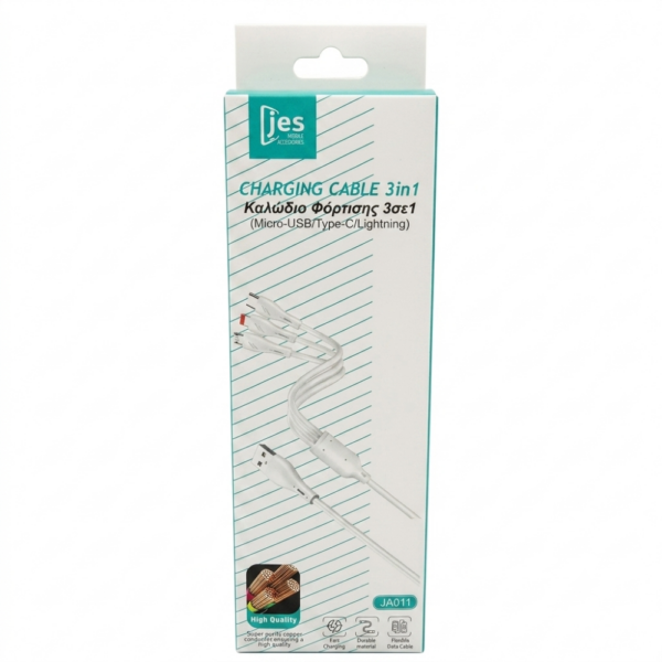 JA011 package 1000 JES Καλώδιο Φόρτισης 3σε1 USB-A σε Micro-USB / USB-C / Lightning 1,2m JA011 Λευκό