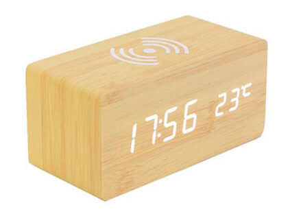 SKU-02-Bamboo-Wood_White-LED Ξύλινο Ξυπνητήρι με Ασύρματη Φόρτιση Qi Χρώμα Καφέ Ανοιχτό με Λευκό Led