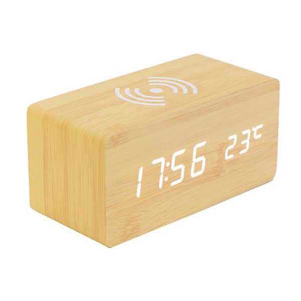 SKU-02-Bamboo-Wood_White-LED Ξύλινο Ξυπνητήρι με Ασύρματη Φόρτιση Qi Χρώμα Καφέ Ανοιχτό με Λευκό Led