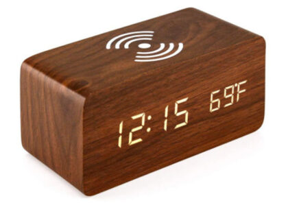SKU-05-Dark-Brown-Wood_White-LED Ξύλινο Ξυπνητήρι με Ασύρματη Φόρτιση Qi Χρώμα Καφέ Σκούρο με Λευκό Led