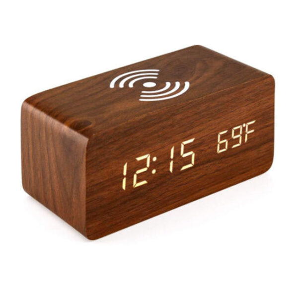 SKU-05-Dark-Brown-Wood_White-LED Ξύλινο Ξυπνητήρι με Ασύρματη Φόρτιση Qi Χρώμα Καφέ Σκούρο με Λευκό Led