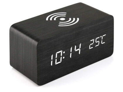 SKU-06-Black-Wood_White-LED Ξύλινο Ξυπνητήρι με Ασύρματη Φόρτιση Qi Χρώμα Μαύρο με Λευκό Led