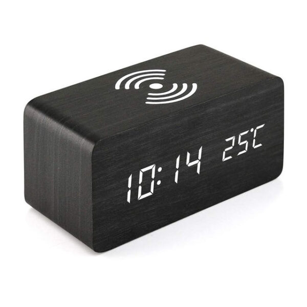 SKU-06-Black-Wood_White-LED Ξύλινο Ξυπνητήρι με Ασύρματη Φόρτιση Qi Χρώμα Μαύρο με Λευκό Led