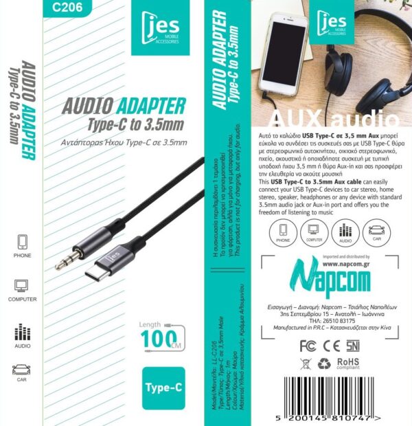 TypeC-to-3.5mm-C206 JES C206 Αντάπτορας Ήχου Type-C to 3.5mm 1m Μαύρο