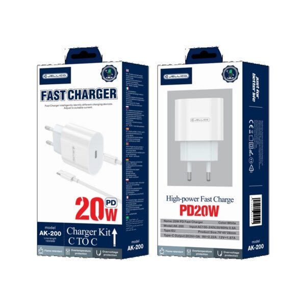 Jellico Φορτιστής Τοίχου PD 20W με καλώδιο Type-C σε Type-C AK200 Λευκό