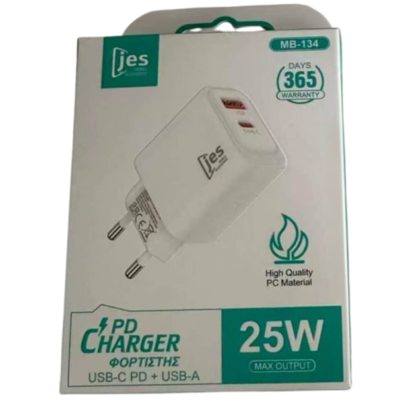 mb134 package 1000 JES Φορτιστής Ταξιδίου 25W με 2 θύρες A+C Λευκός MB134
