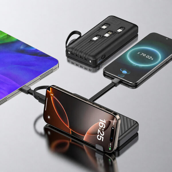 Wozinsky PowerBank W11-B 10000mAh 10W με καλώδια 3σε1 και φακό - Μαύρο