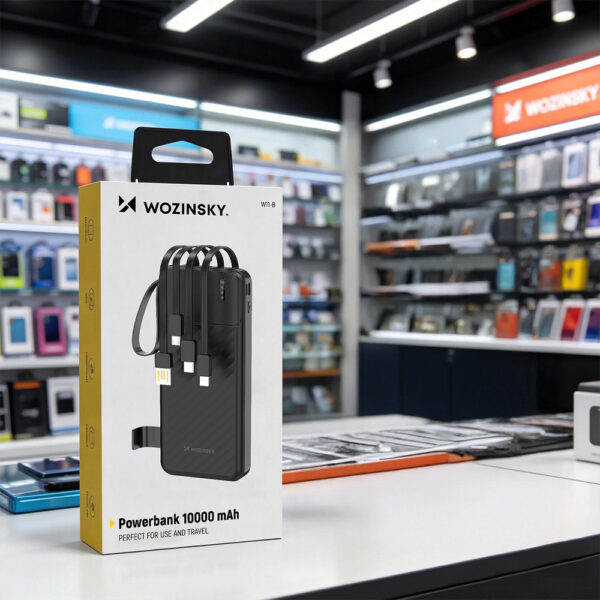 Wozinsky PowerBank W11-B 10000mAh 10W με καλώδια 3σε1 και φακό - Μαύρο