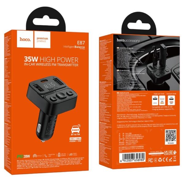 E87_05 HOCO E87 Φορτιστής Αυτοκινήτου & FM Transmitter 35W USB-A+USB-C QC PD Μαύρος